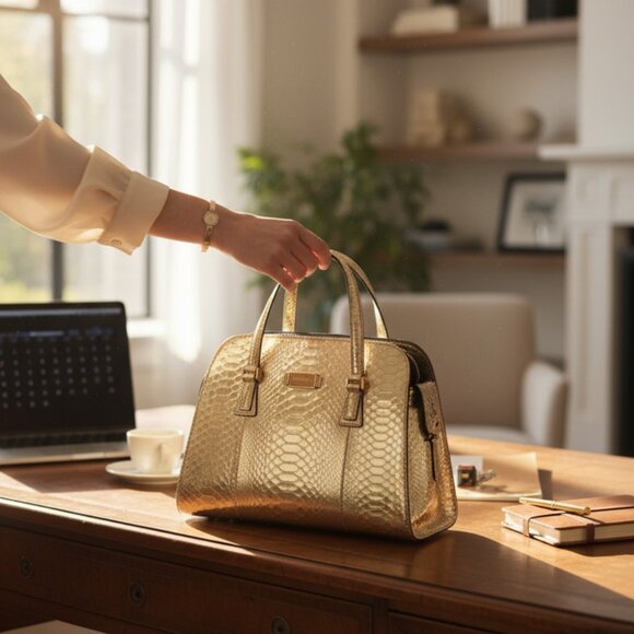 Michael Kors Metallic Gold Python Gia /Gold Tone Hardware Dual Flat Handbag - Picture 6 of 11